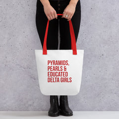 Pyramids Pearls & Educated Delta Girls Tote - White & Crimson