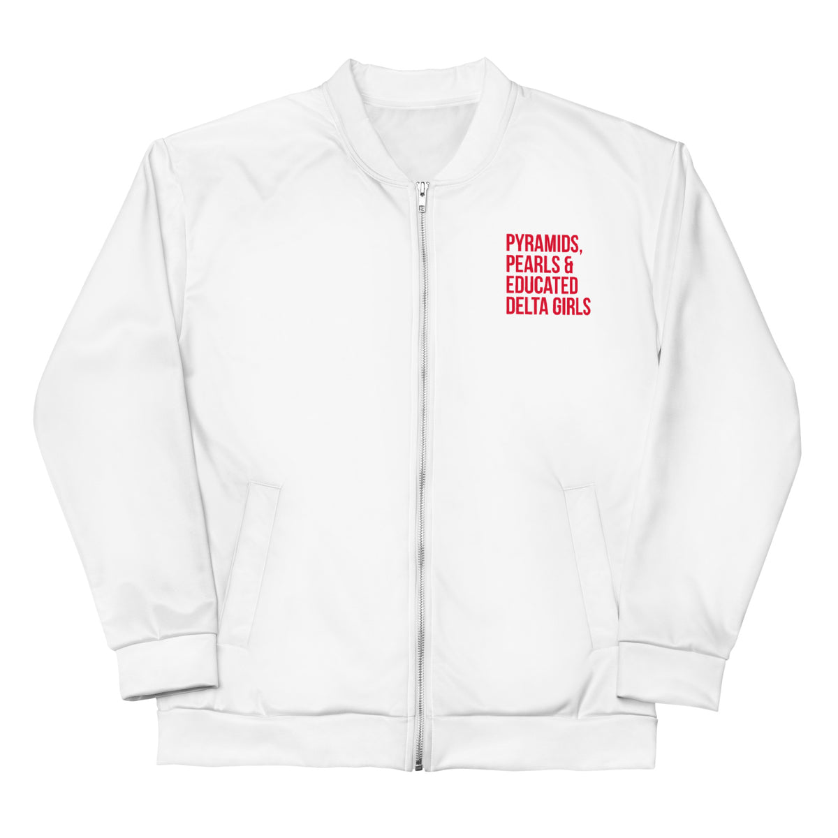 Pyramids Pearls & Educated Delta Girls Bomber Jacket - White & Crimson