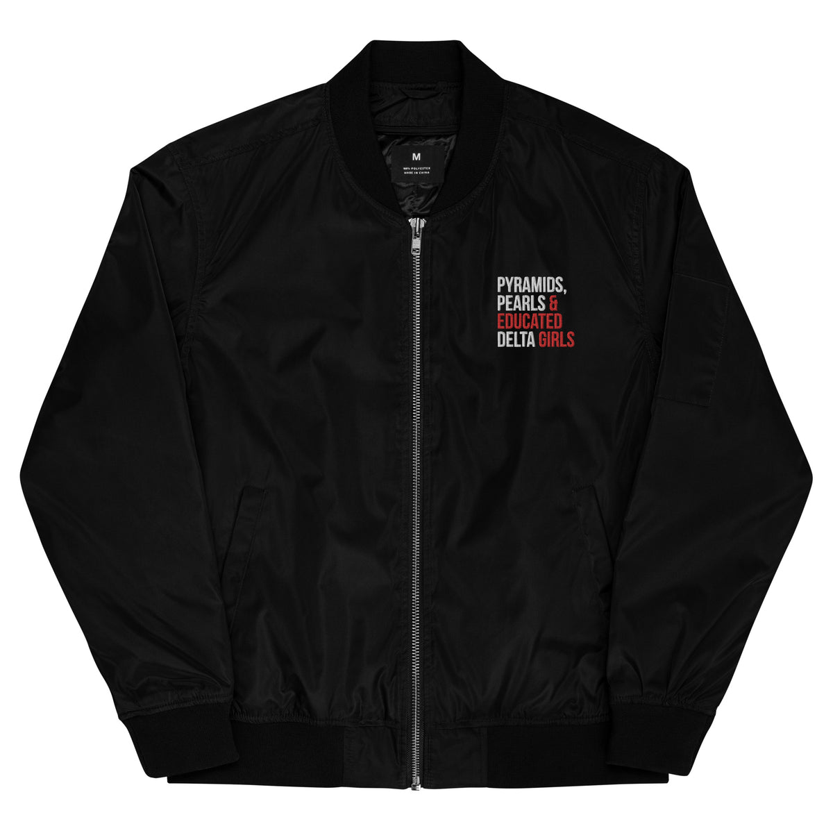 Pyramids Pearls & Educated Delta Girls Premium Bomber Jacket - Crimson & White